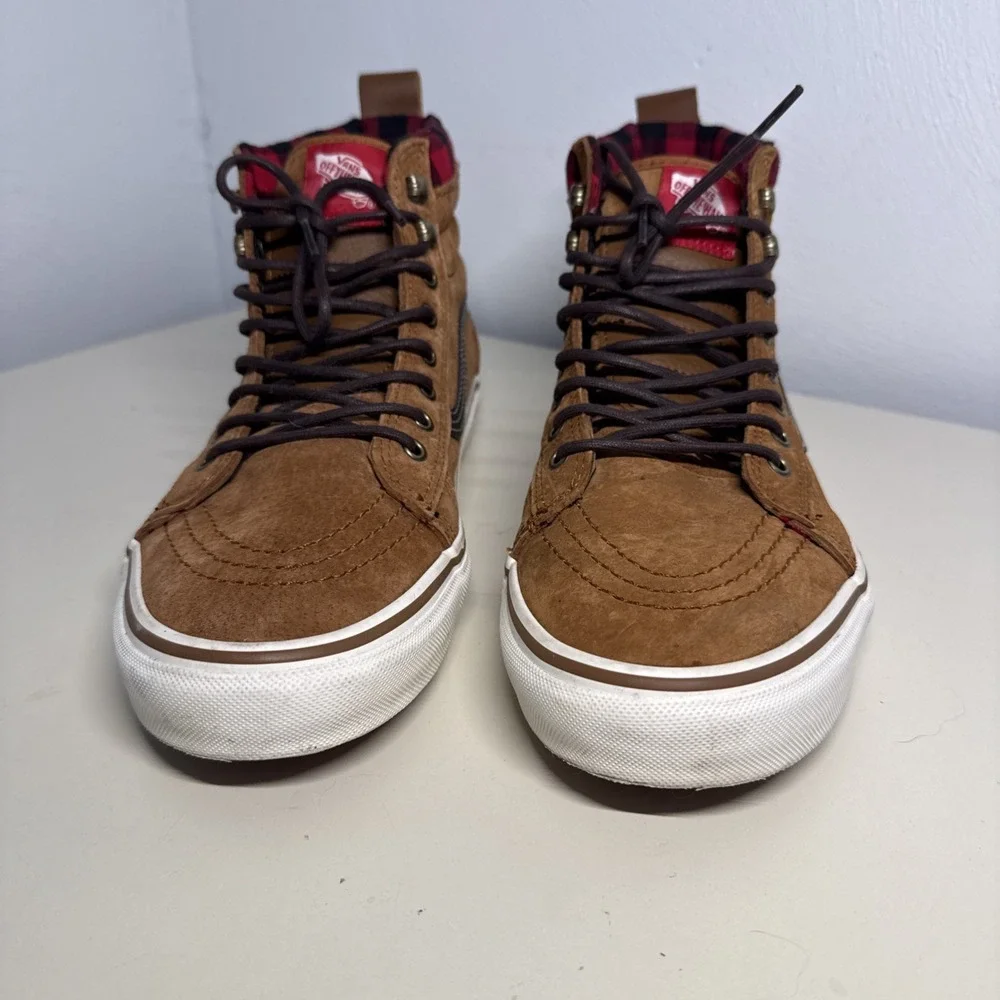 VANS Sk8-Hi MTE-1 Brown Suede Red Plaid Flannel Lined Boots Mens 11 Women's 12